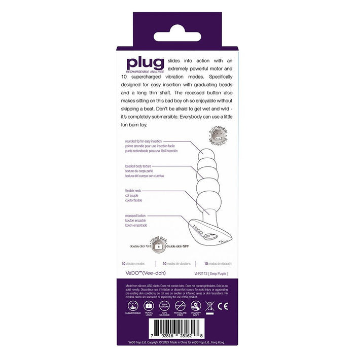 Vedo Plug Rechargeable Silicone Vibrating Anal Plug Purple - SexToy.com