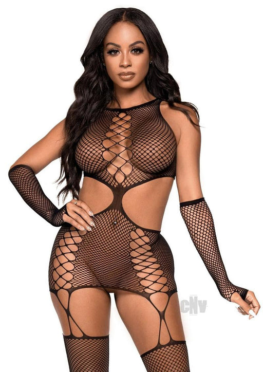 2 Pc Net Garter Dress With Attached Stockings and Matching Gloves - One Size - Black - SexToy.com