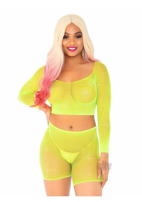 2 Pc Rhinestone Fishnet Crop Top and Biker Shorts - One Size - Neon Yellow - SexToy.com