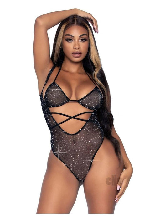 2 Pc. Rhinestone Wrap Around Bikini Top and Suspender Bodysuit - One Size - Black - SexToy.com