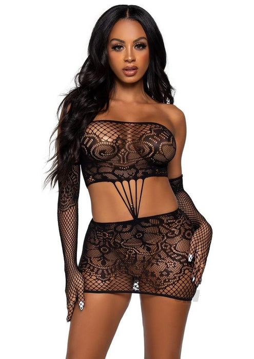 2 Pc. Strappy Lace Tube Dress and Gloves - One Gloves - One Size - Black - SexToy.com