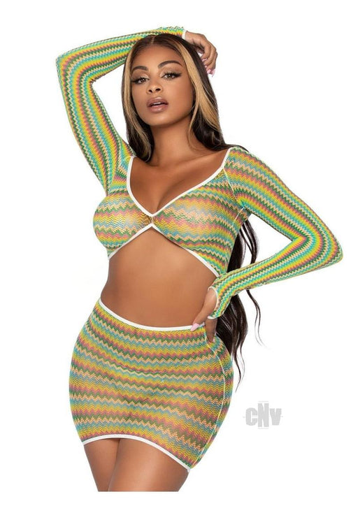 2 Pc Zig Zag Net Crop Top and Mini Dress - One Size - Green - SexToy.com