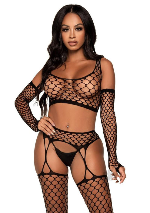 3 Pc Net Crop Top, Garter Stockings, and Matching Gloves - One Size - Black - SexToy.com