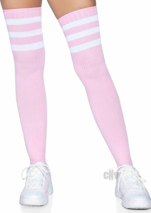 3 Stripes Athletic Ribbed Thigh Highs - One Size - Light Pink - SexToy.com