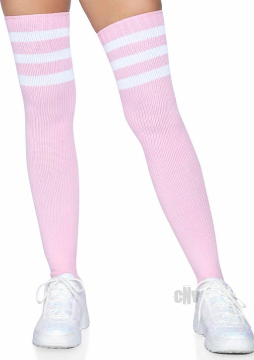 3 Stripes Athletic Ribbed Thigh Highs - One Size - Light Pink - SexToy.com