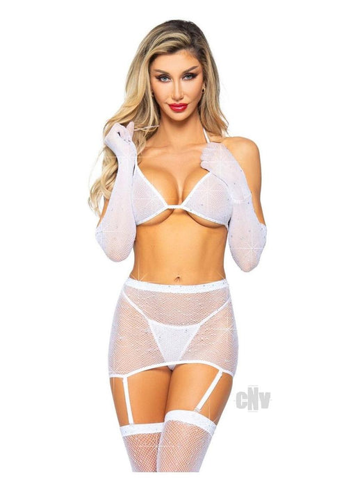 5 Pc Rhinestone Bikini Top G-String Garter Skirt, Gloves and Stockings - One Size - White - SexToy.com