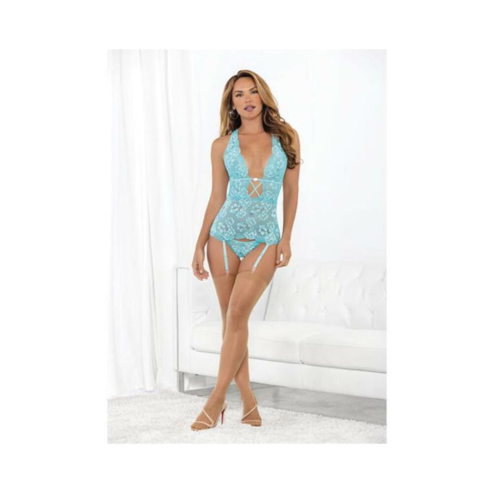 All Over Two Tone Lace Bustier & Open Crotch G-back Panty Icy Blue Lg - SexToy.com