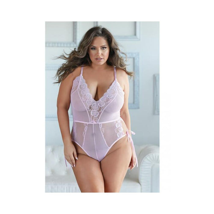 Allure Belle Lace & Mesh Tie Up Romper Pink 2x/3x - SexToy.com