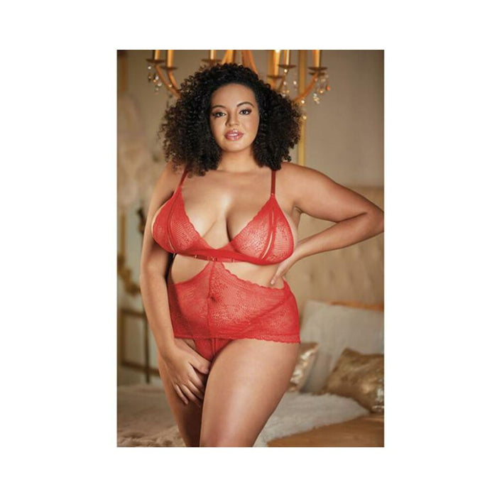 Allure Lace Peek A Boo Chemise & Ouverte G-string Red Qn - SexToy.com