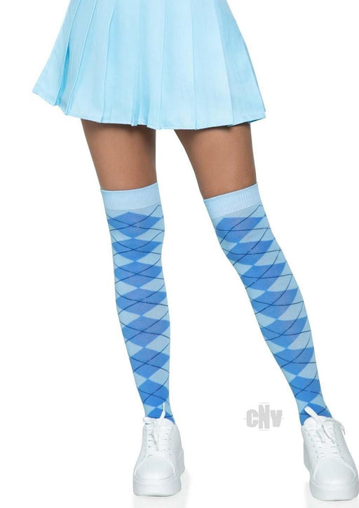 Argyle Knit Over The Knee Socks Os Blue - SexToy.com