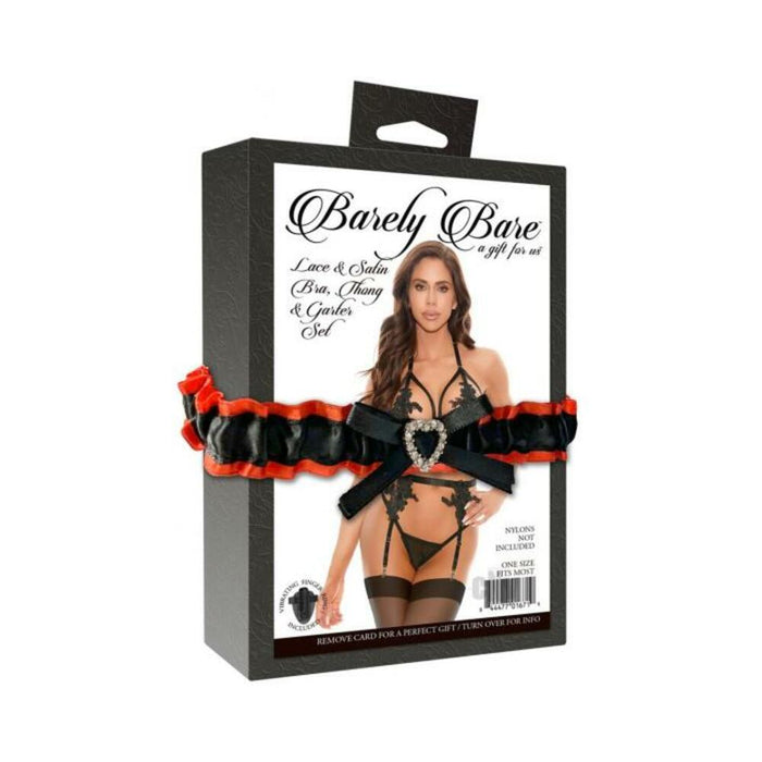 Barely Bare Lace & Satin Bra, Thong & Garter Set Black O/s | SexToy.com