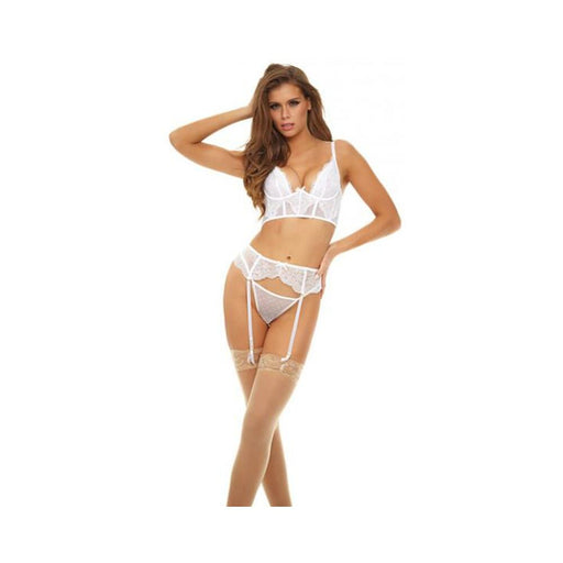 Bombshell Boudoir Lace & Mesh Peek A Boo Wire Bra, Garter Belt & G-string White Lg - SexToy.com