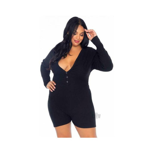 Brushed Romper Long John/flap 2x/4x Blk - SexToy.com