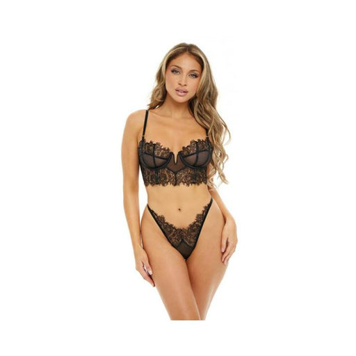 Cheyanne Underwire Eyelash Lace & Mesh Bra & G-string Black Xl - SexToy.com