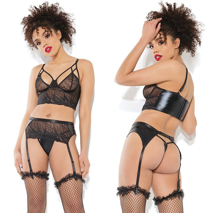 Coquette Longline Bra Garter Belt & G-String Set-Black X-Large - SexToy.com