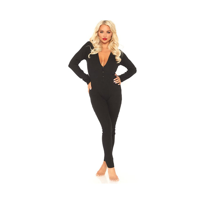 Cozy Brushed Rib Long Johns With Cheeky Snap Closure Back Flap. Black Med/lge | SexToy.com