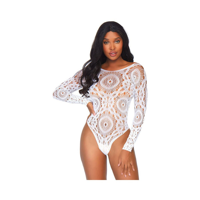 Crochet Lace Long Sleeved Snap Crotch Thong Back Teddy | SexToy.com