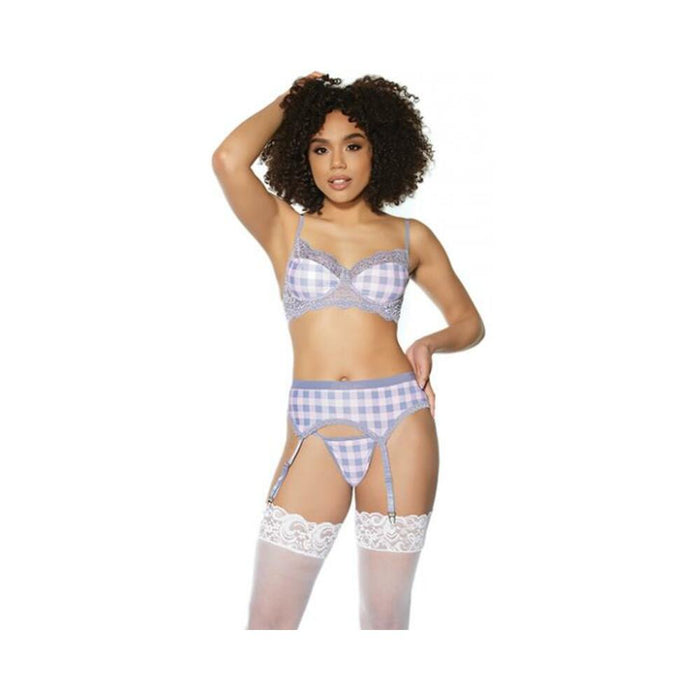 Crystal Pink Buffalo Check Print, Bra, Garter Belt & String Grey/pink Xl - SexToy.com