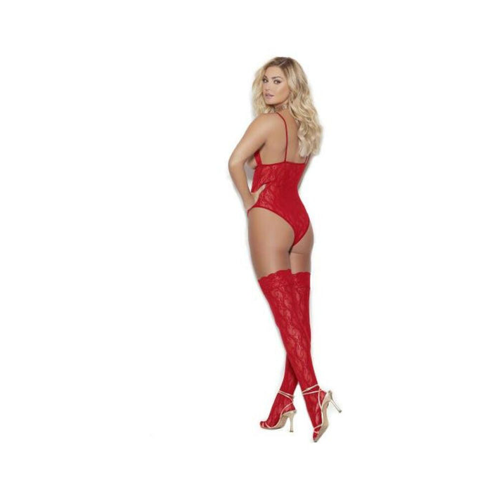 Cupless Stretch Lace Teddy W/ Thigh Hi's Red O/s - SexToy.com