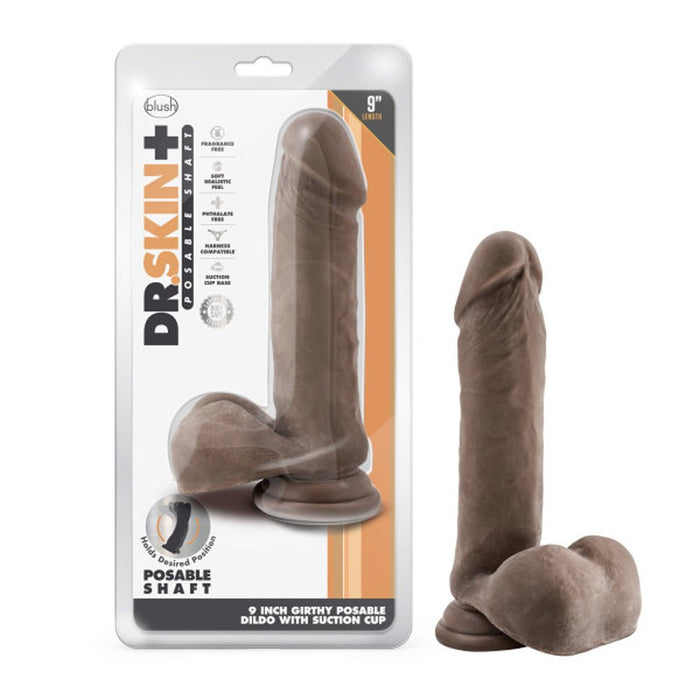 Dr. Skin Plus Thick Posable Dildo With Balls 9 In. Chocolate - SexToy.com