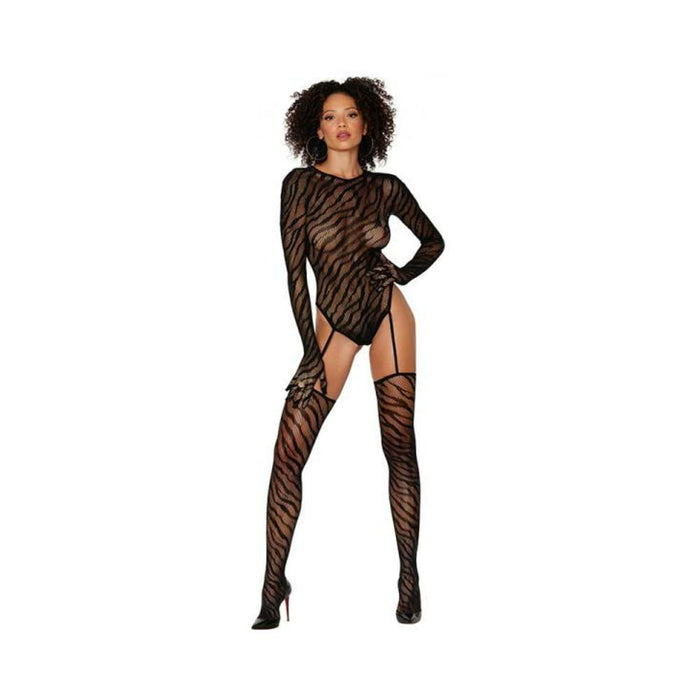 Dreamgirl Animal Print Fishnet Gloved Suspender Teddy Bodystocking With Keyhole Back Black O/s | SexToy.com