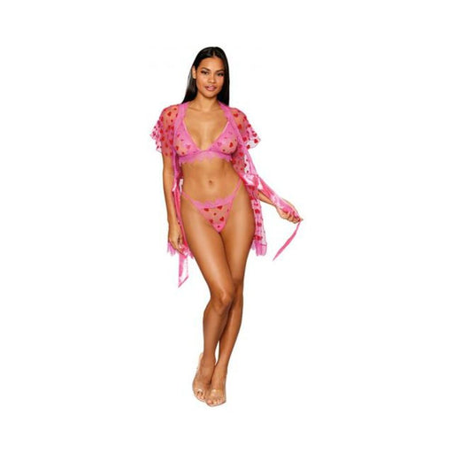 Dreamgirl Flocked Heart Mesh And Eyelash Lace Robe, Bralette, And G-string Set Peony L - SexToy.com