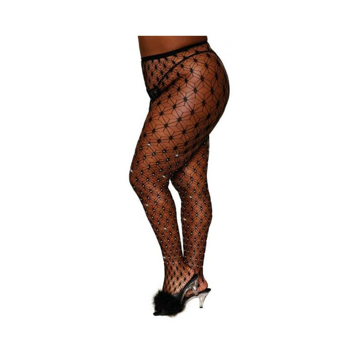 Dreamgirl Geometric Fence Net Pantyhose With Rhinestone Embellishment Black Queen Size - SexToy.com