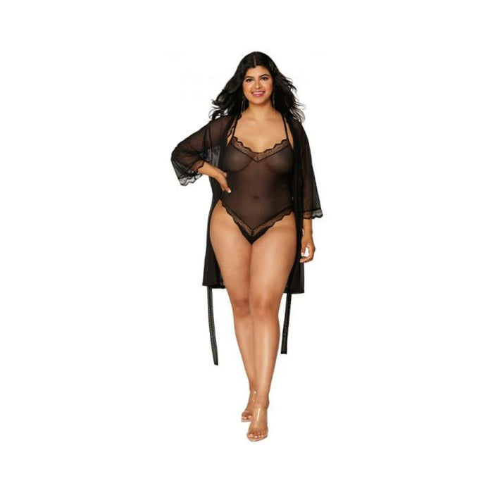 Dreamgirl Mesh Robe & Strappy Back Teddy With Lace Trim Black 1xl Hanging | SexToy.com