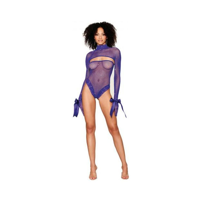 Dreamgirl Metallic Fishnet Seamless Teddy And Matching Shrug Restraint Violet O/s - SexToy.com