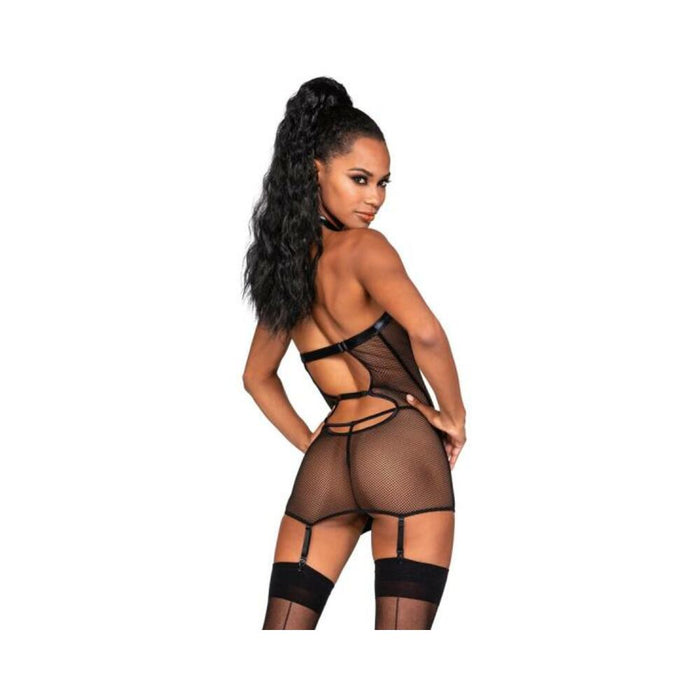 Dreamgirl Stretch Faux-Leather and Fishnet Garter Slip | SexToy.com