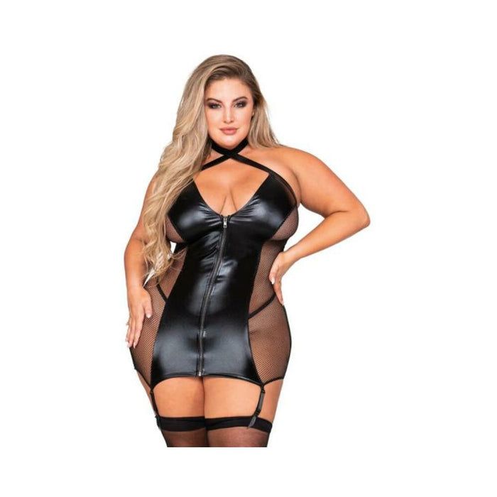 Dreamgirl Stretch Faux-Leather and Fishnet Garter Slip | SexToy.com