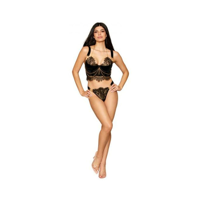 Dreamgirl Velvet And Gold Lurex Lace Bustier And G-string Set Black L - SexToy.com