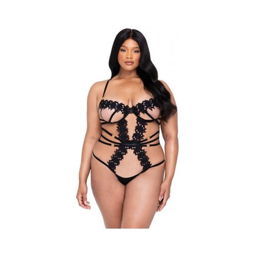 Ebony Rose Floral Guipure Lace Trim Teddy Black 2x - SexToy.com