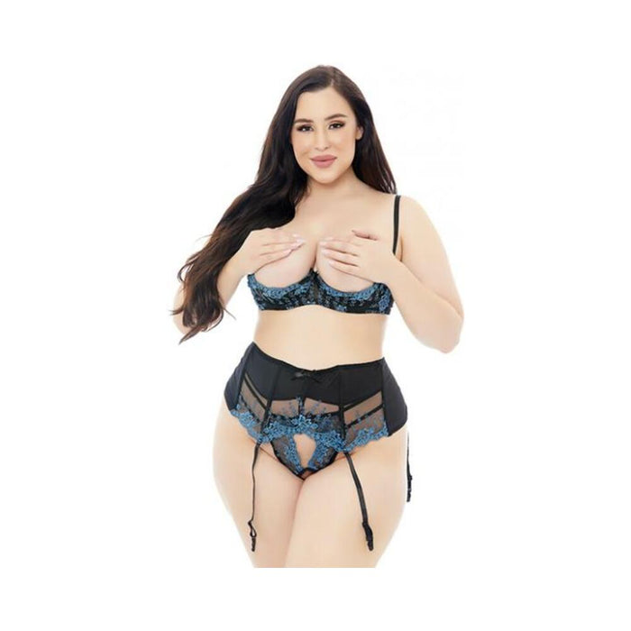 Embroidered Lace Open Cup Bra, Garter Belt & G-string Black/blue 1x/2x - SexToy.com