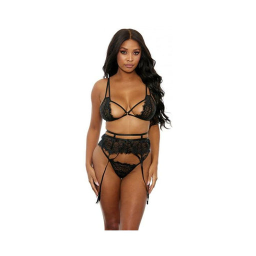 Eyelash Lace Bra, High Waist Garter Belt & G-string Black Lg - SexToy.com