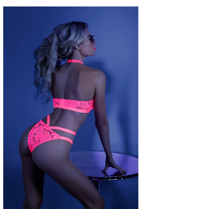 Fantasy Lingerie Glow Lights Off Lace Halter Bralette & Cage Panty - SexToy.com