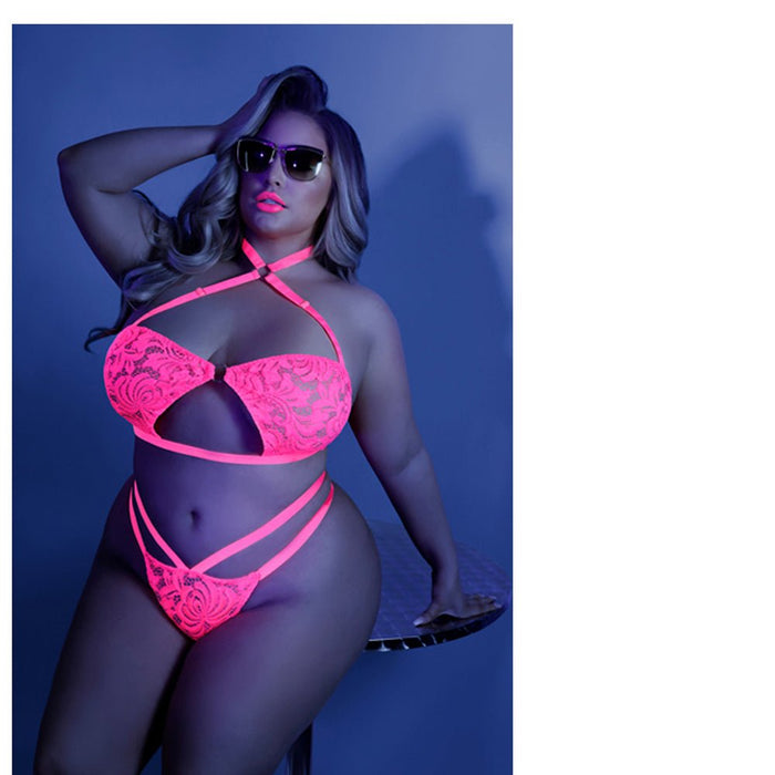 Fantasy Lingerie Glow Lights Off Lace Halter Bralette & Cage Panty - SexToy.com