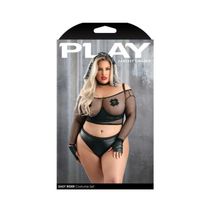 Fantasy Lingerie Play Easy Rider Open Cup Bra, Long Sleeve Fishnet Top, Panty, Choker, Gloves, Banda - SexToy.com