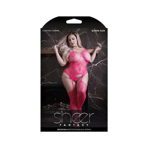 Fantasy Lingerie Sheer Devotion Heart Patterned Bodystocking & G-string Panty Pink Queen Size - SexToy.com