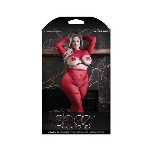 Fantasy Lingerie Sheer Follow Up Longsleeve Open Top, Crotchless Tights & 1 Pair Of Pasties Red Quee - SexToy.com