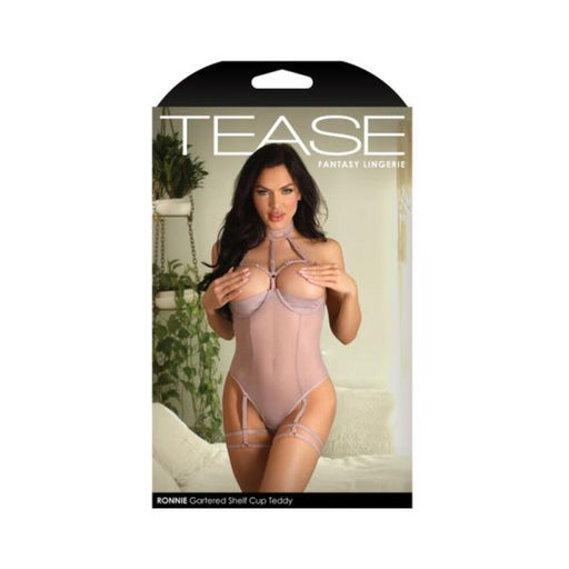 Fantasy Lingerie Tease Ronnie Caged Shelf Cup Teddy With Snap Closure & Leg Garters Pale Mauve L/xl - SexToy.com