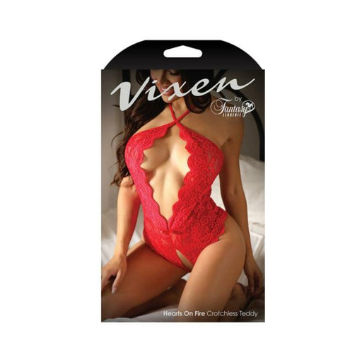 Fantasy Lingerie Vixen Hearts On Fire Crotchless Lace Teddy With Open Pearl Draped Back Red L/xl - SexToy.com