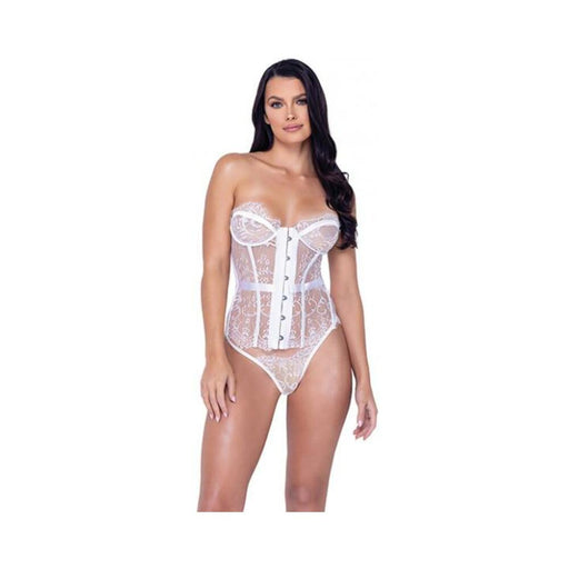 Fantasy Scalloped Eyelash Lace Bustier & Thong White Lg - SexToy.com