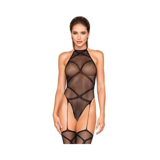 Fishnet Garter Teddy Bodystocking Black O/s - SexToy.com