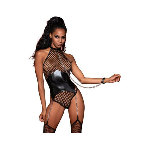 Fishnet Halter Teddy W/ Faux Leather Corset Black O/s - SexToy.com