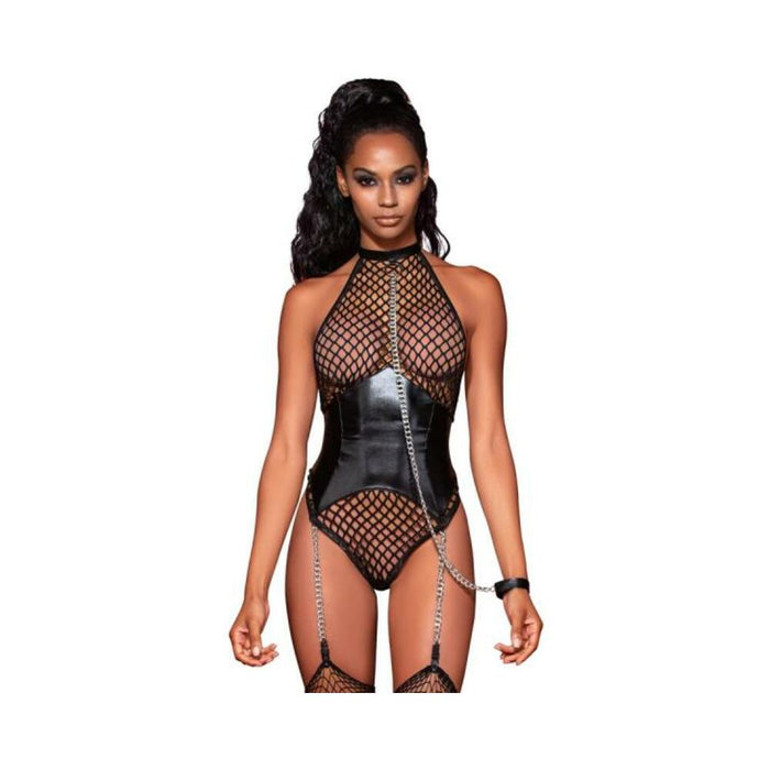 Fishnet Halter Teddy W/ Faux Leather Corset Black O/s - SexToy.com