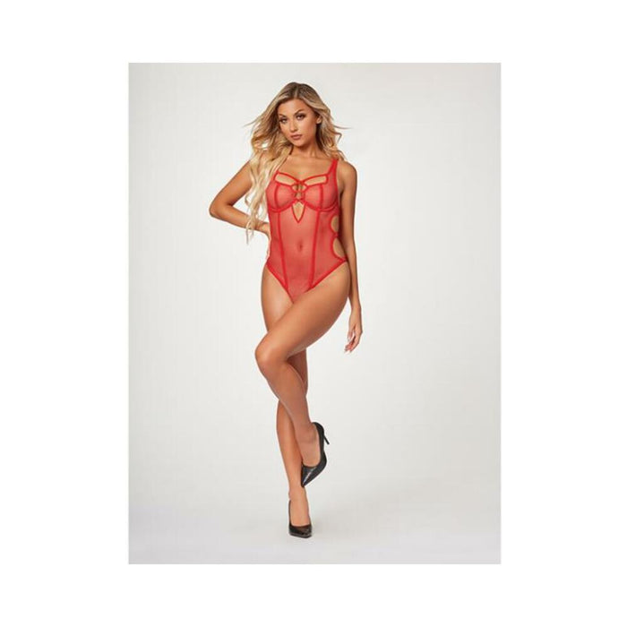 Fishnet Strappy High Cut Leg Teddy Red Lg - SexToy.com