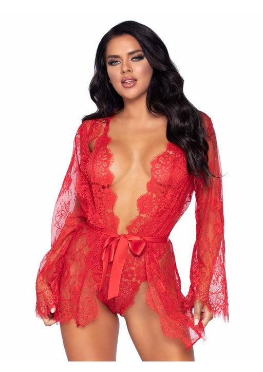 Floral Lace Teddy Thong Robe Tie Lg Red - SexToy.com