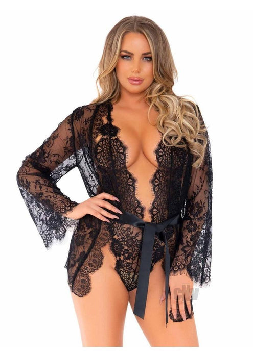 Floral Lace Teddy Thong Robe Tie Sm Blk - SexToy.com