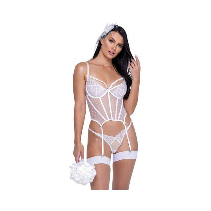 Forever Yours Embroidered Bustier & Thong White Lg - SexToy.com